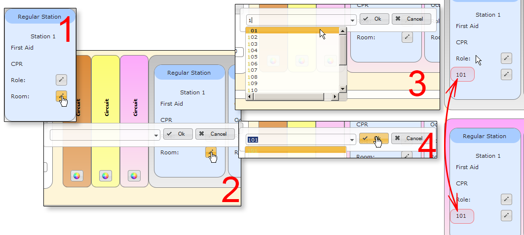 Assigning a room to a station: (1) Click the pencil icon. (2) The selection dialog shows up. (3) Enter the room number and/or select the appropriate room. (4) Click ok. In the rightmost part of the image you see, that the room you selected for this station was also set for the same station in the next days sequence.